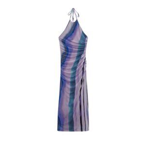 NWT Zara Watercolor Halter Neck Midi Dress Womens Medium Purple Sleeveless NEW